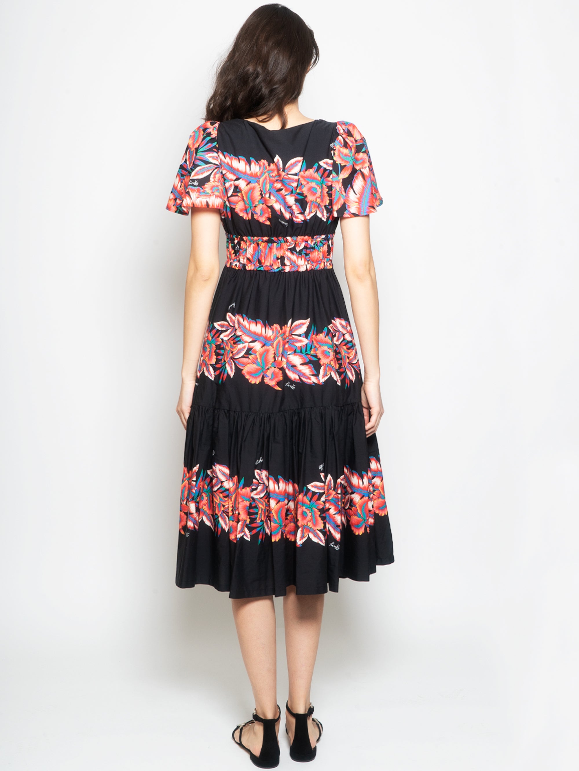 Midi Dress with Black/Red Tropical Print