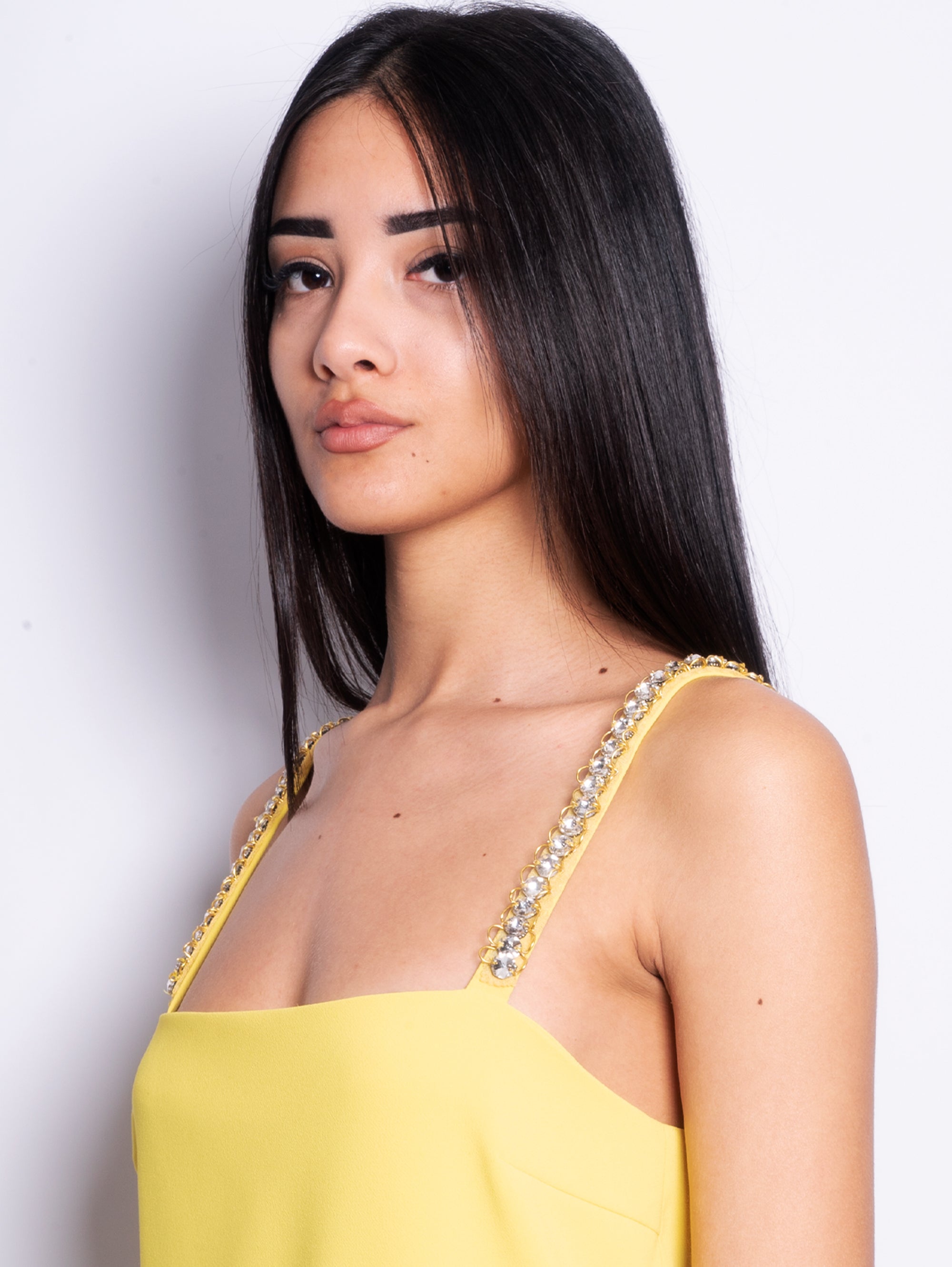 PINKO - Short Dress with Feathers and Stones Yellow TRYME Shop PINKO - Short Dress with Feathers and Stones Yellow TRYME Shop