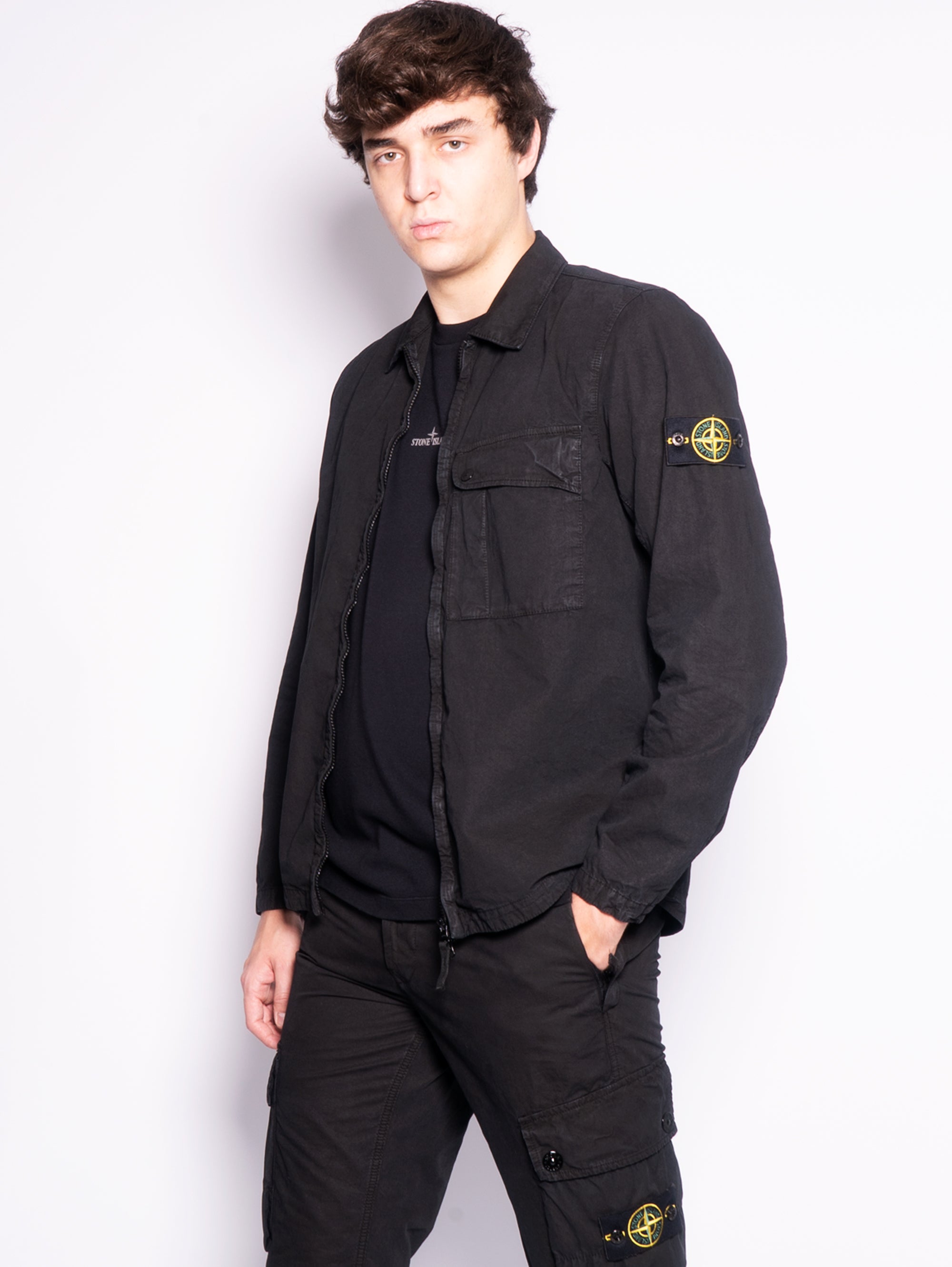 Garment-dyed overshirt with old black effect