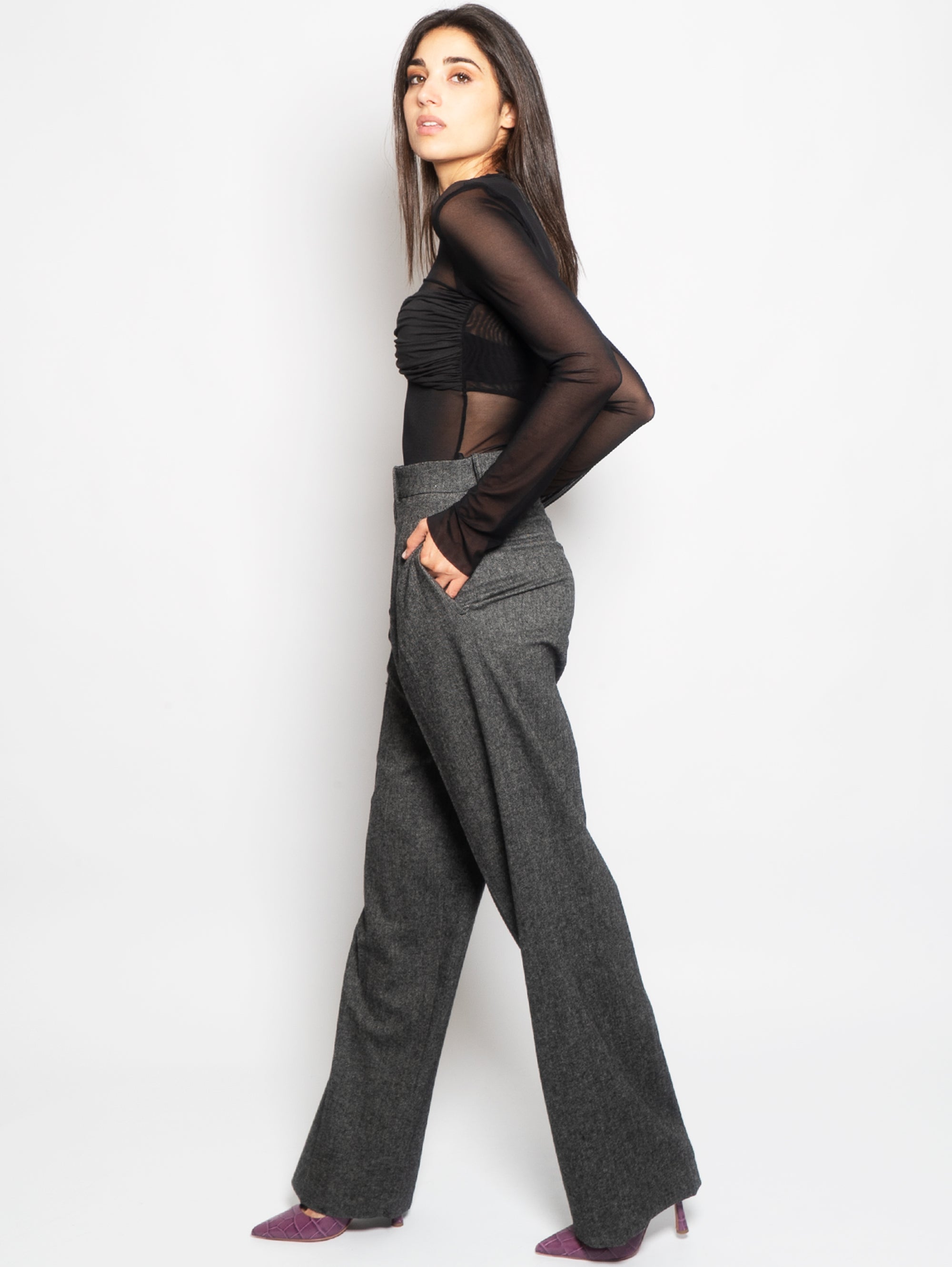 Palazzo Trousers in Gray Tweed