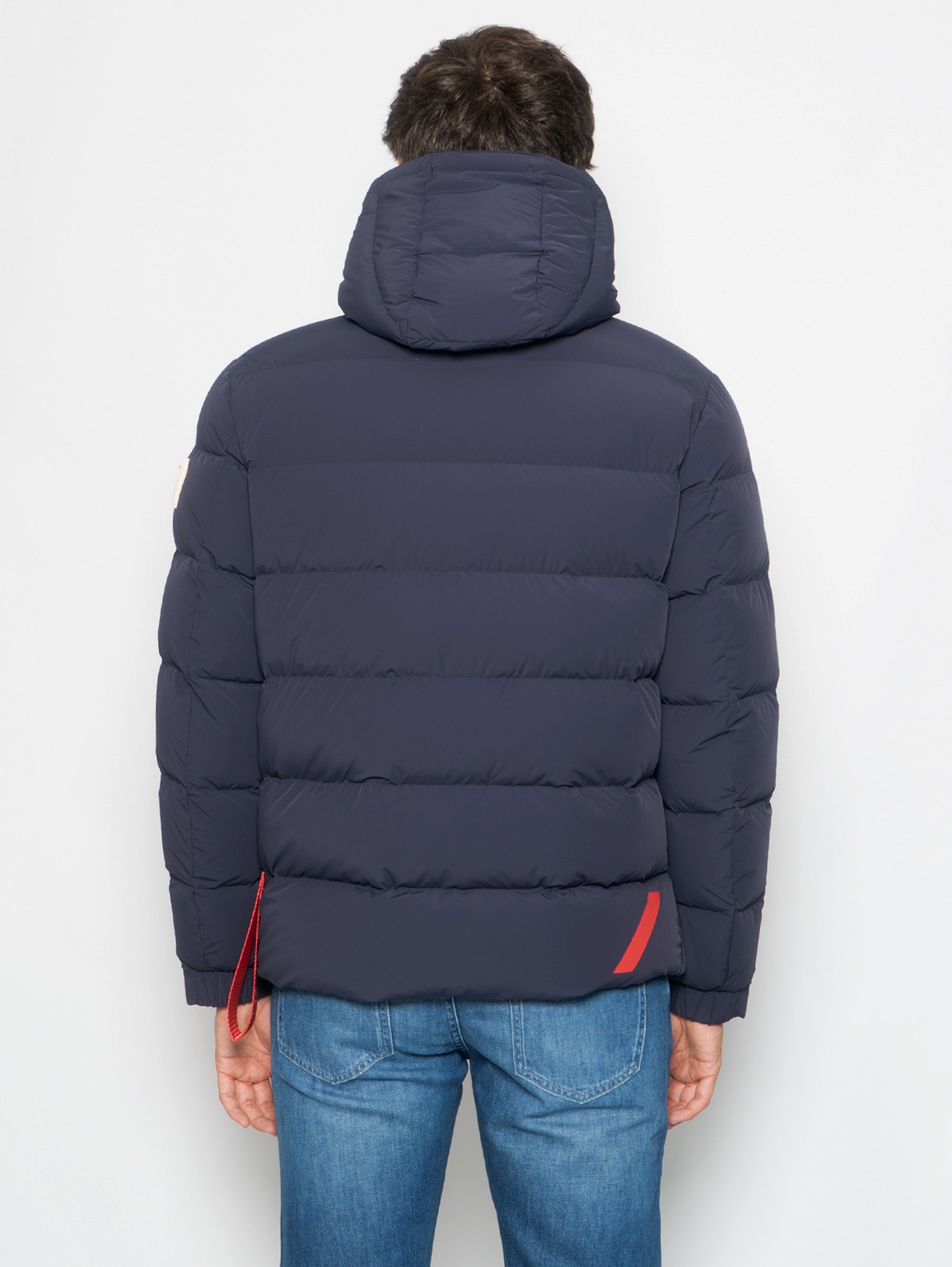 Short down jacket with hood in matte blue nylon