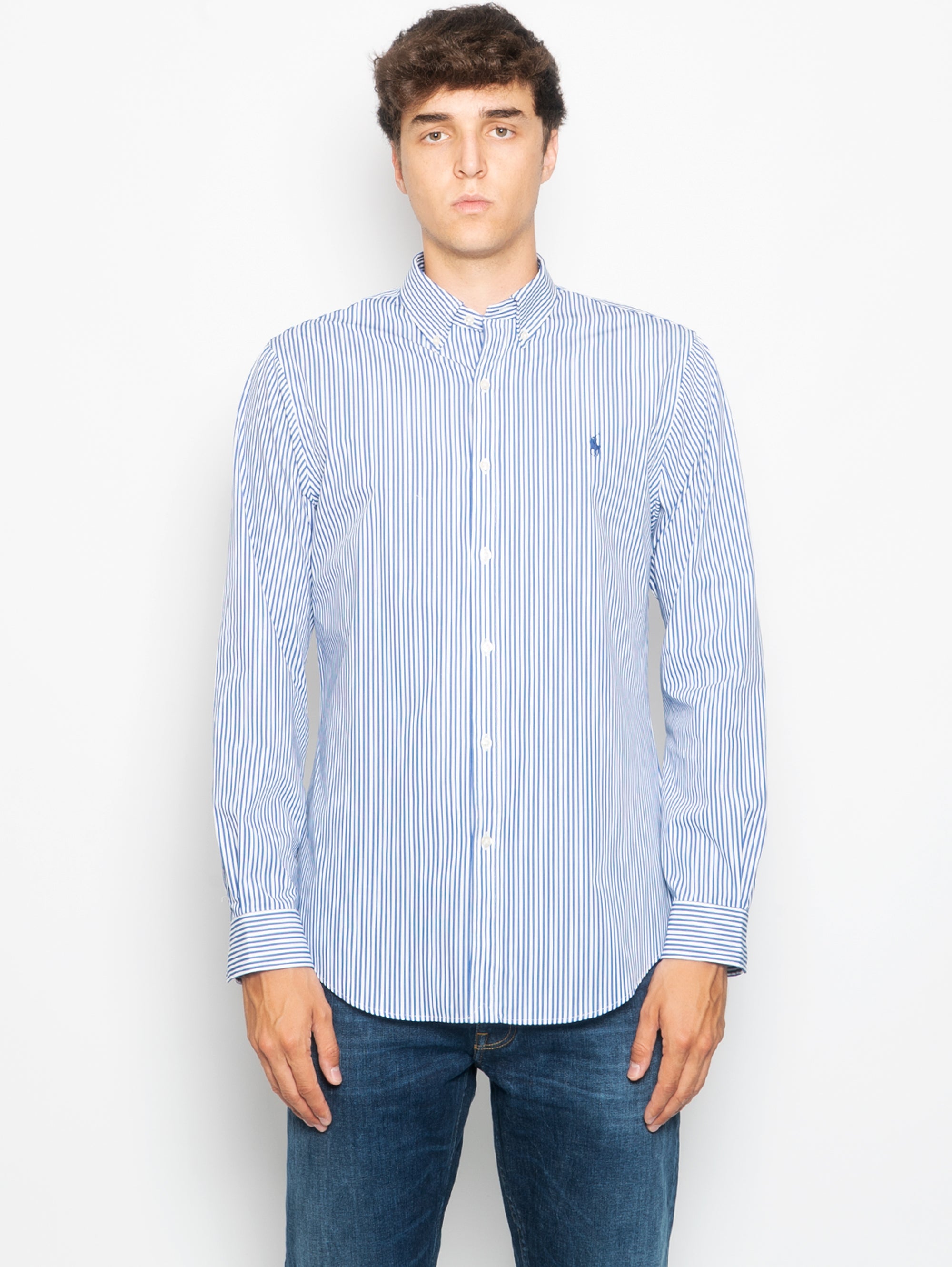 RALPH LAUREN-Camicia in Popeline Stretch Slim Fit Bianco/Blu-TRYME Shop