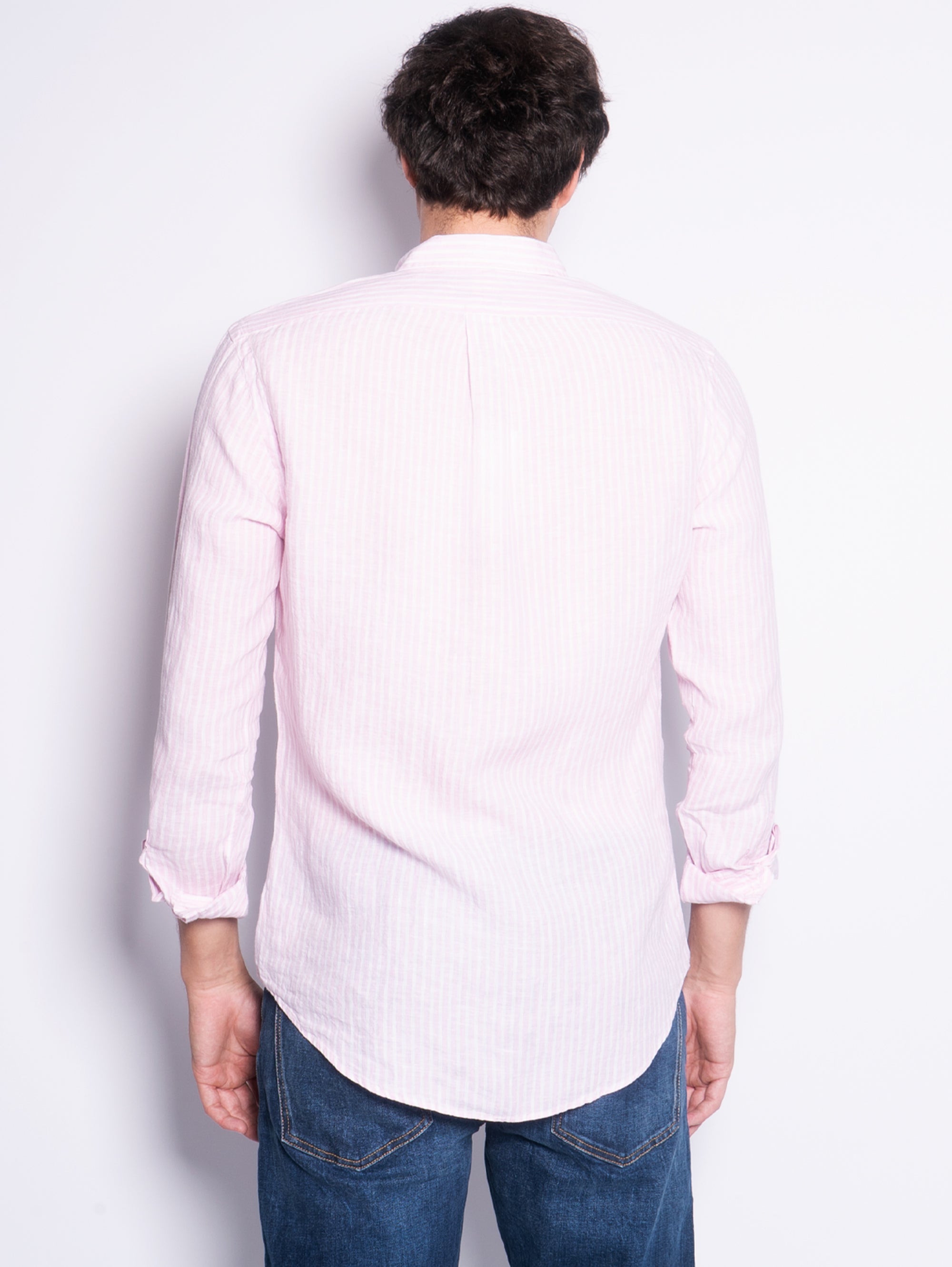 Pink/White Slim Fit Striped Linen Shirt