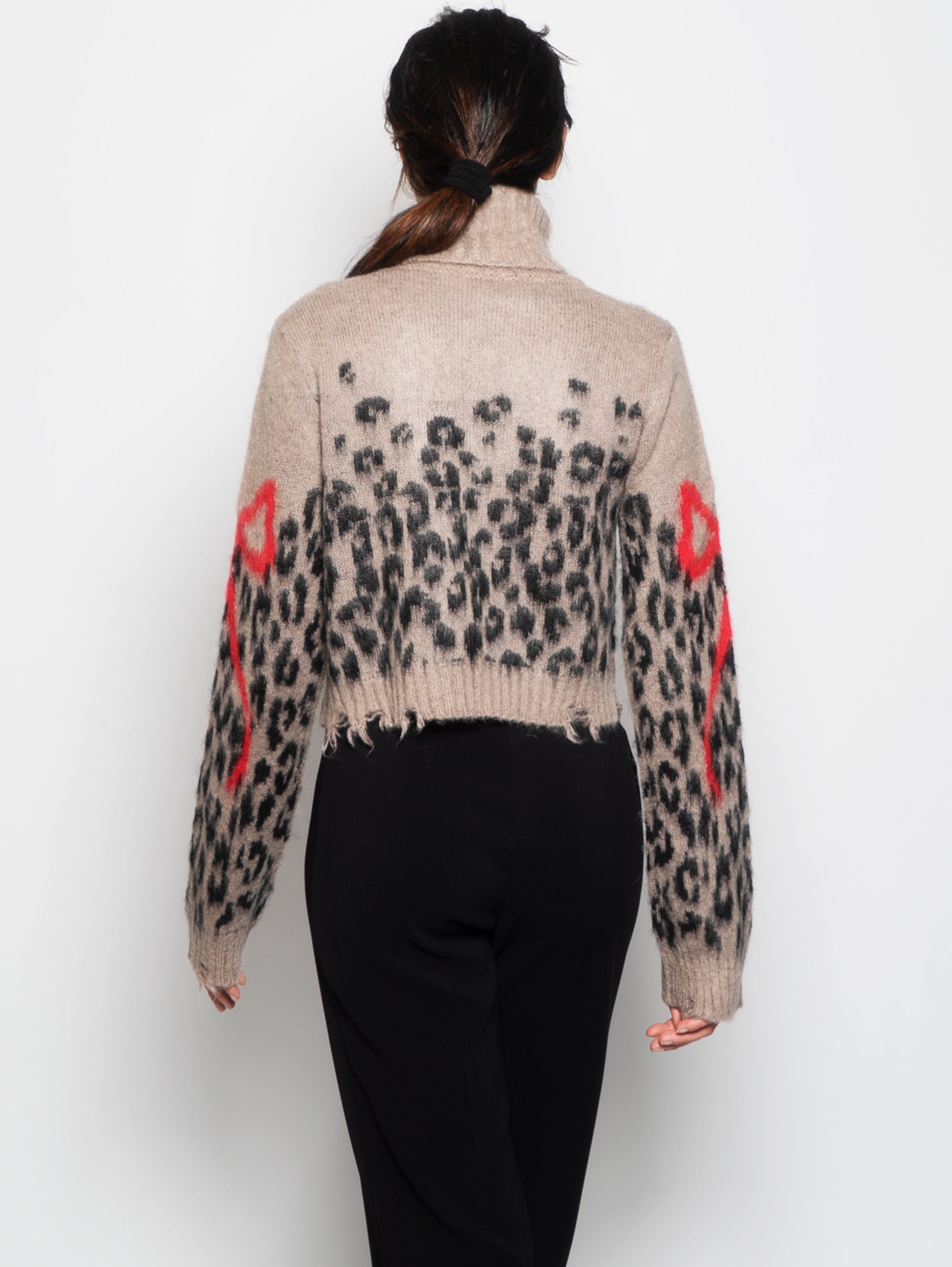 Brown Spotted High Neck Cropped Sweater