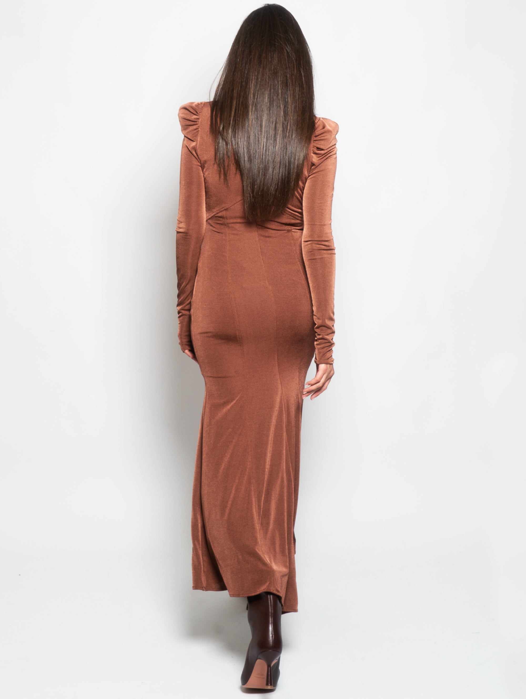 Long Dress with Drop Neckline in Brown