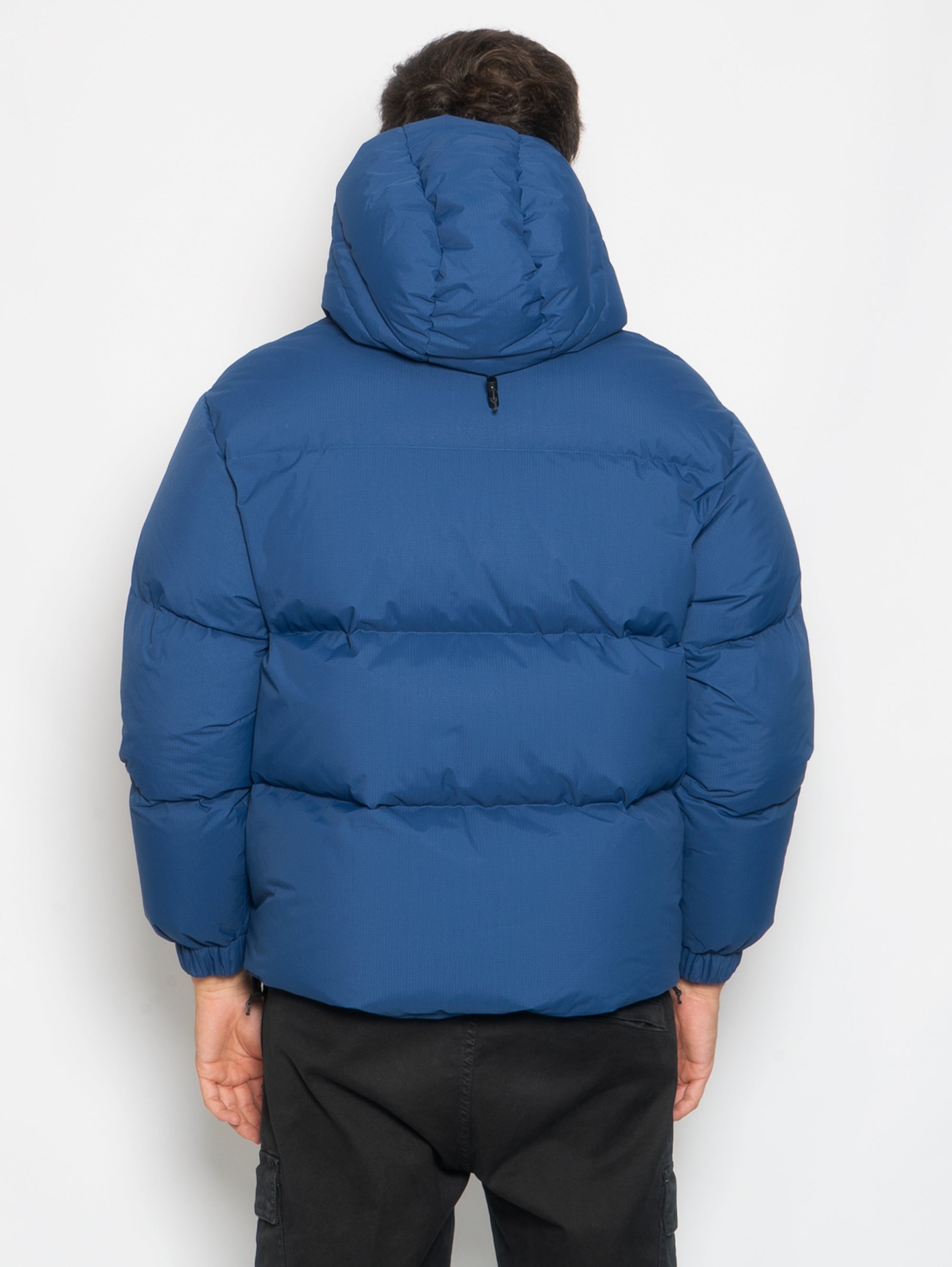 Recycled Nylon Down Jacket with Cobalt Hood