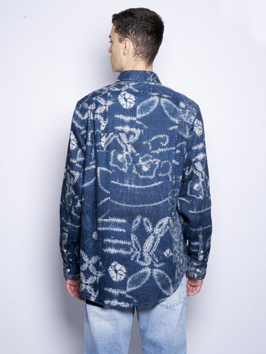 Chemise en lin indigo avec imprimé ethnique bleu
