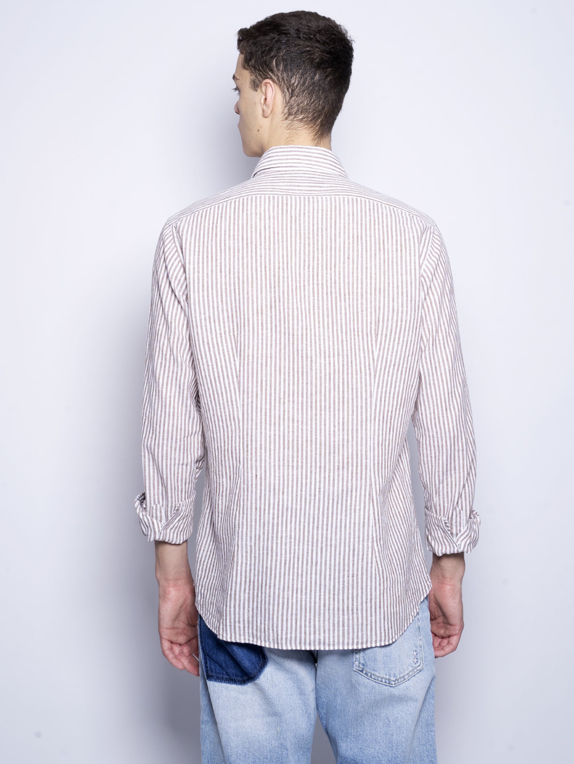 XACUS-Camicia in Misto Lino a Righe Marrone-TRYME Shop