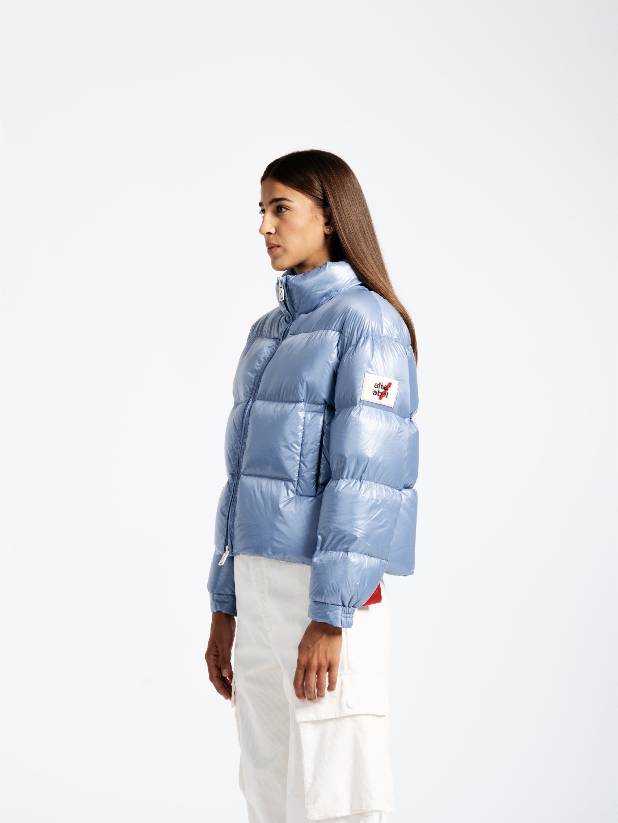 Turku Short Down Jacket in Light Blue Shiny Nylon