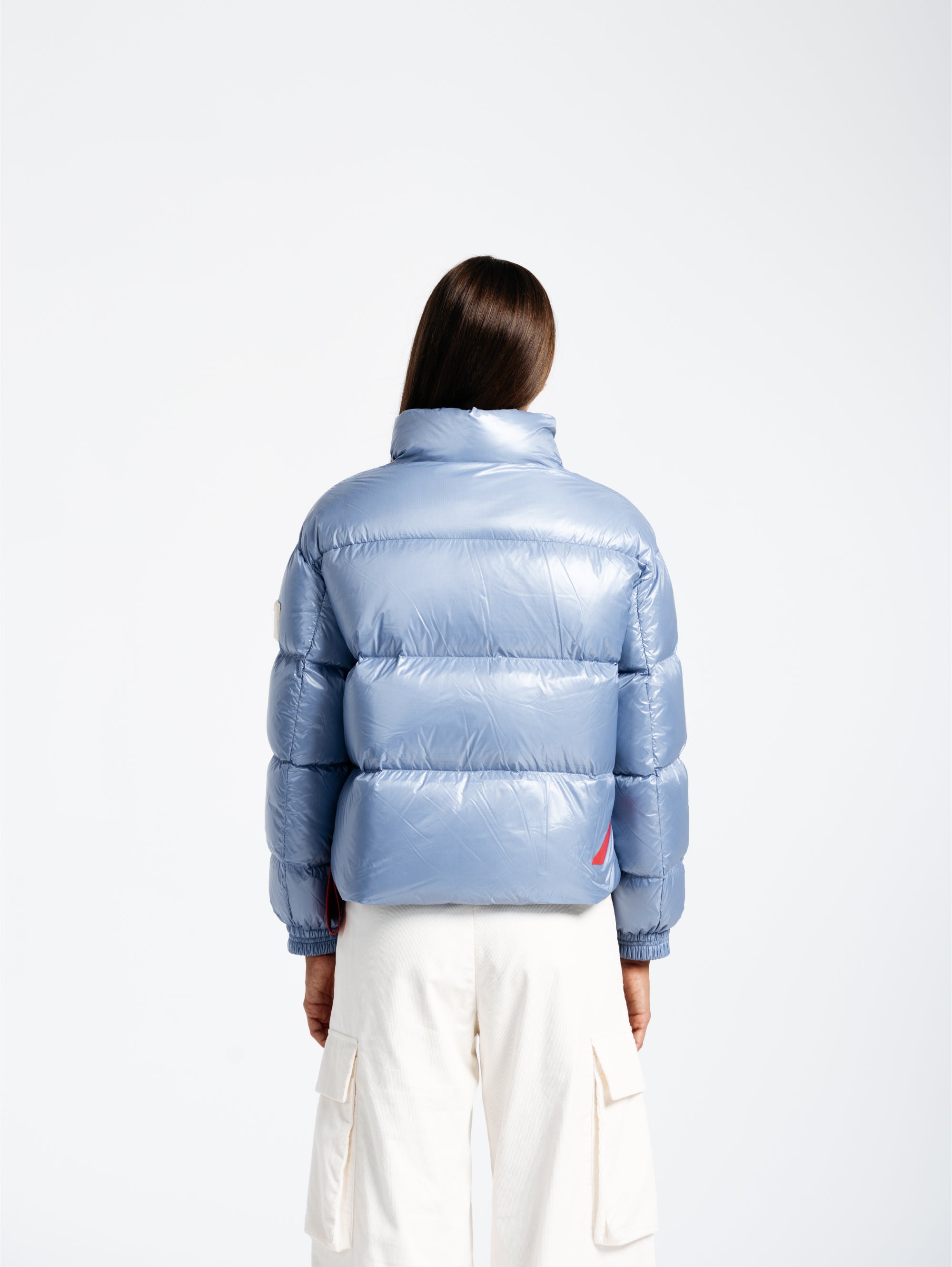 Turku Short Down Jacket in Light Blue Shiny Nylon