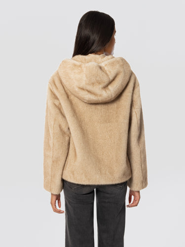 Blouson en Façon Fourrure avec Capuche Sable