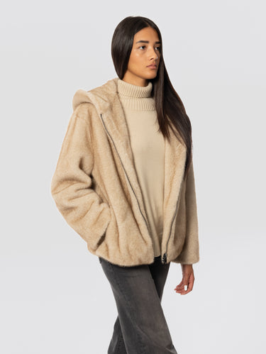 Blouson en Façon Fourrure avec Capuche Sable