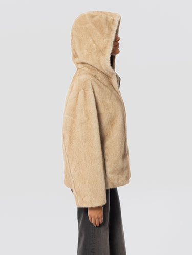 Blouson en Façon Fourrure avec Capuche Sable