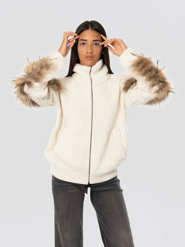 Wool Knit Jacket with Fur Cream