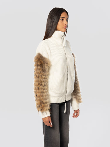 Wool Knit Jacket with Fur Cream