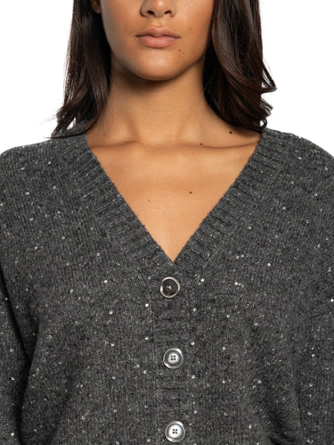 Gray V-Neck Cardigan with Rhinestones