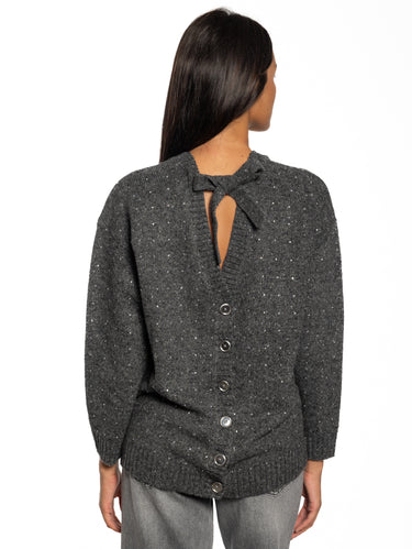 Gray V-Neck Cardigan with Rhinestones