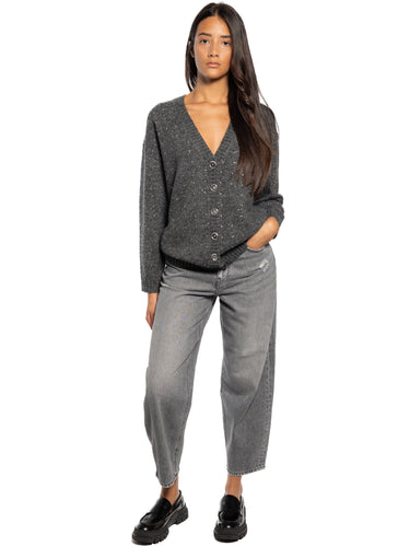 Gray V-Neck Cardigan with Rhinestones