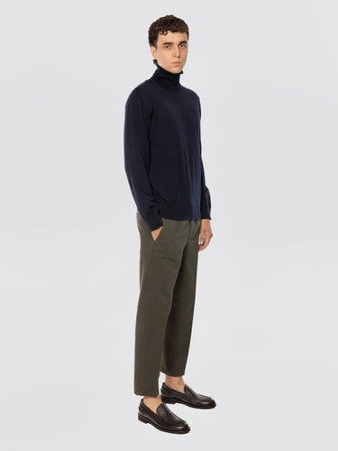 Military Green Bull Denim Pants with Pleats