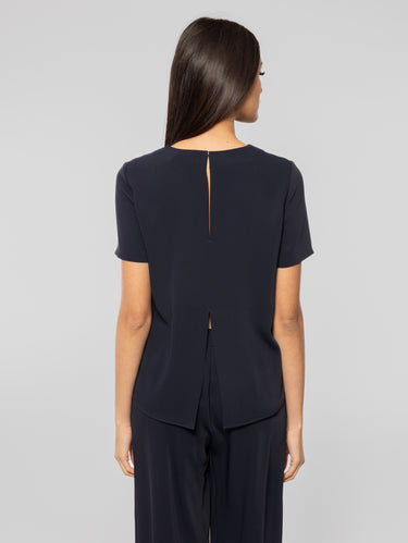 Rundhalsbluse mit Rückenschlitz in Blau