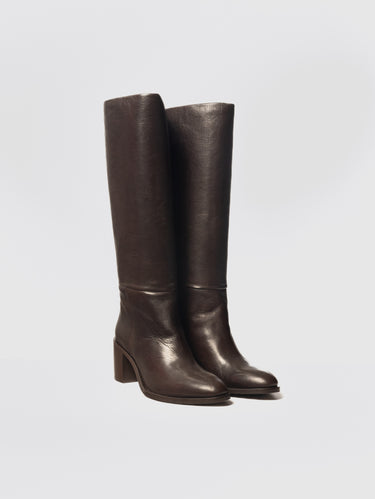 Dark Brown Leather Boots with Heel