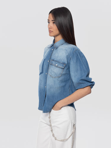 Chemise en denim avec manches ballon bleue