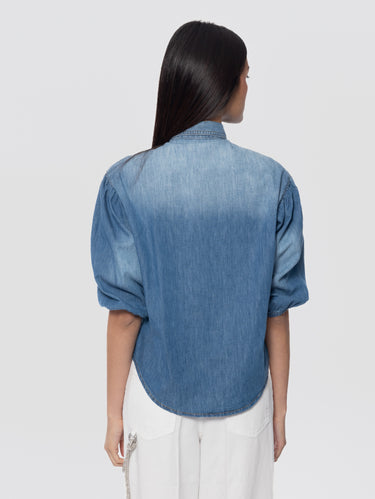 Chemise en denim avec manches ballon bleue
