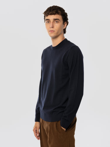 Pull col rond en laine extrafine bleu nuit