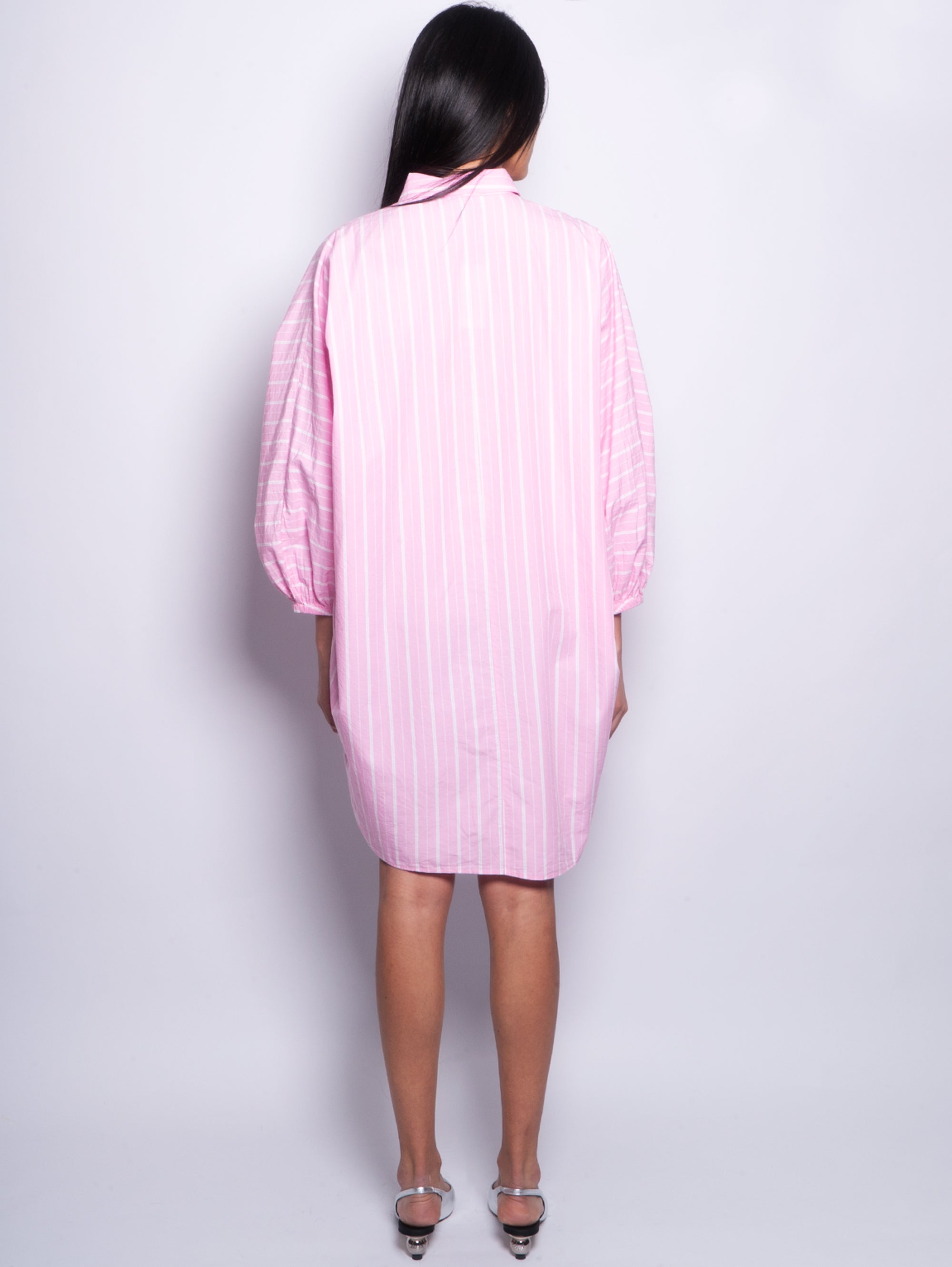 Striped shirt dress with pink embroidery