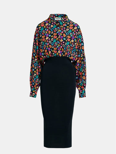 Combined Midi Dress with Knit Skirt Black