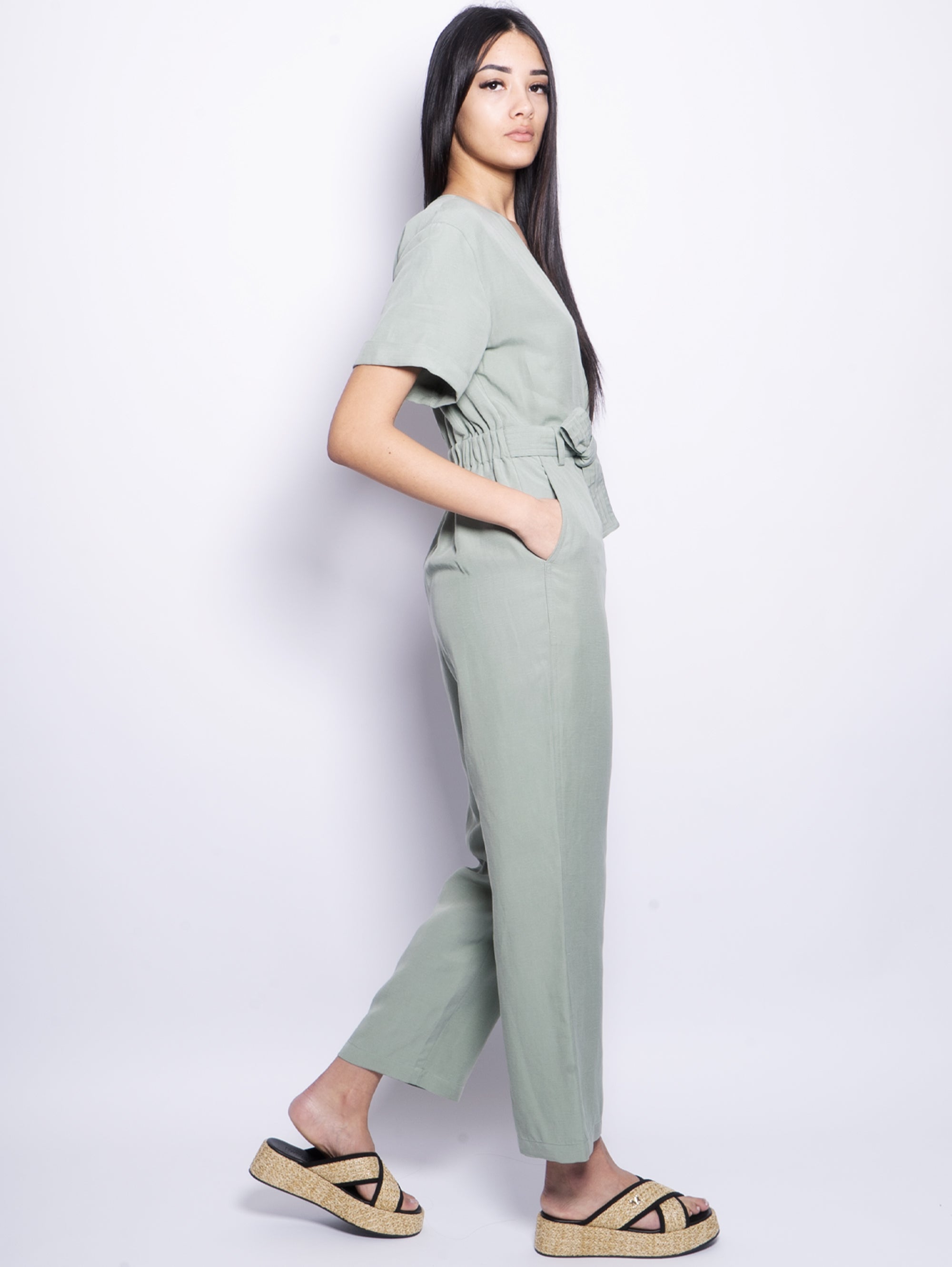 Sage V-Neck Linen Jumpsuit