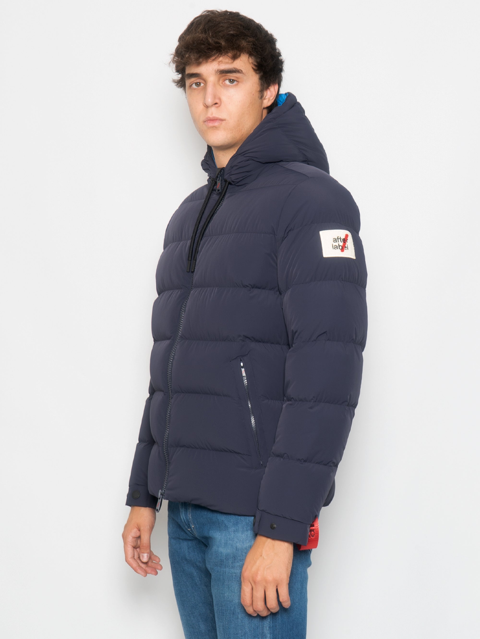 Short down jacket with hood in matte blue nylon
