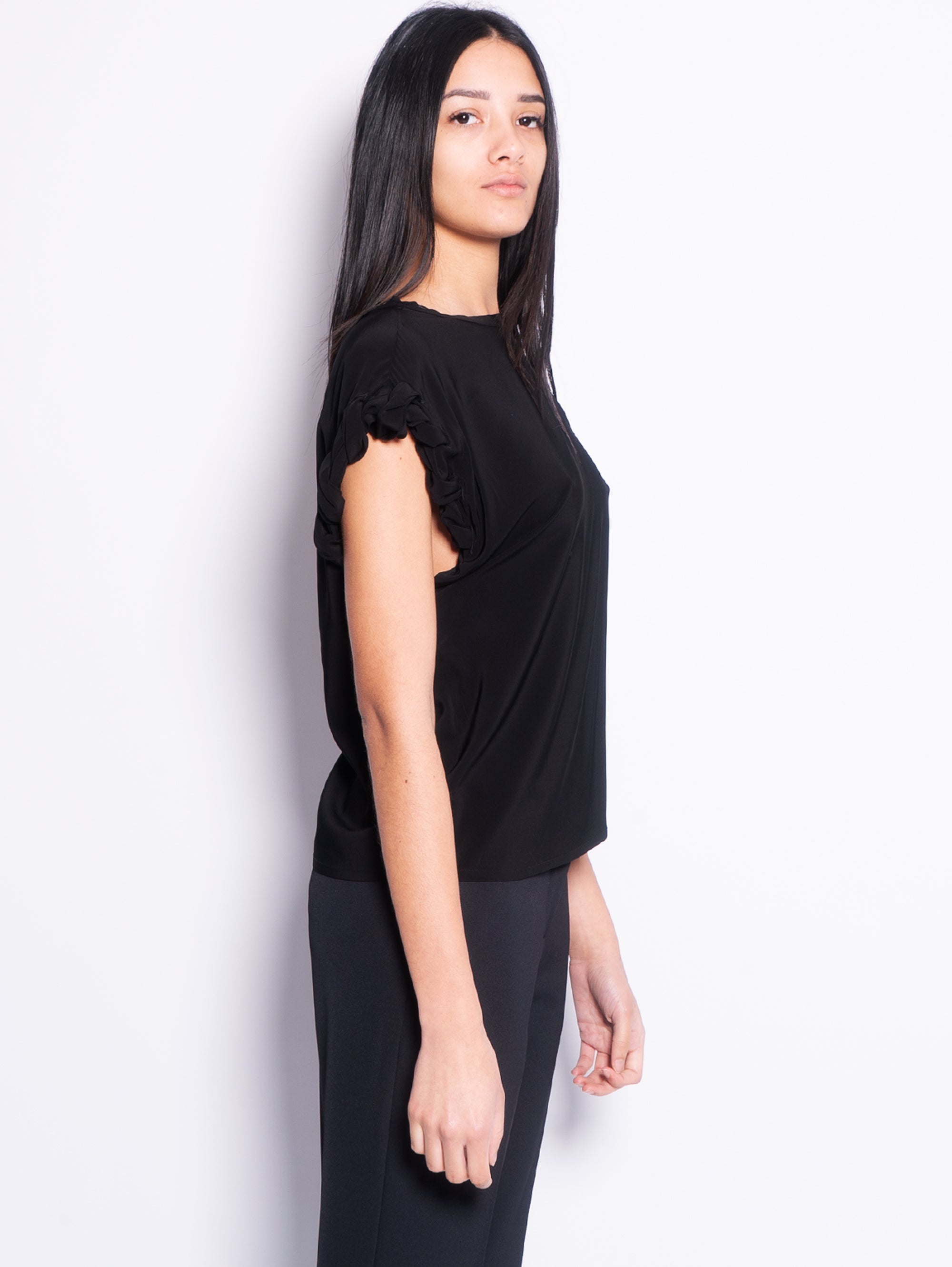 Black Crew Neck Blouse with Work on the Sleeve