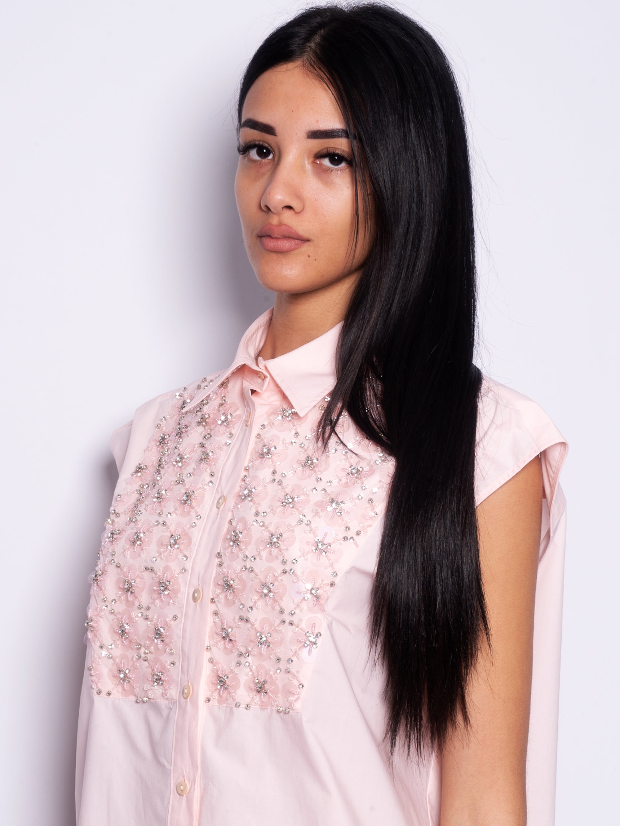 Shirt with Peach Blossom Crystal and Sequin Embroidery
