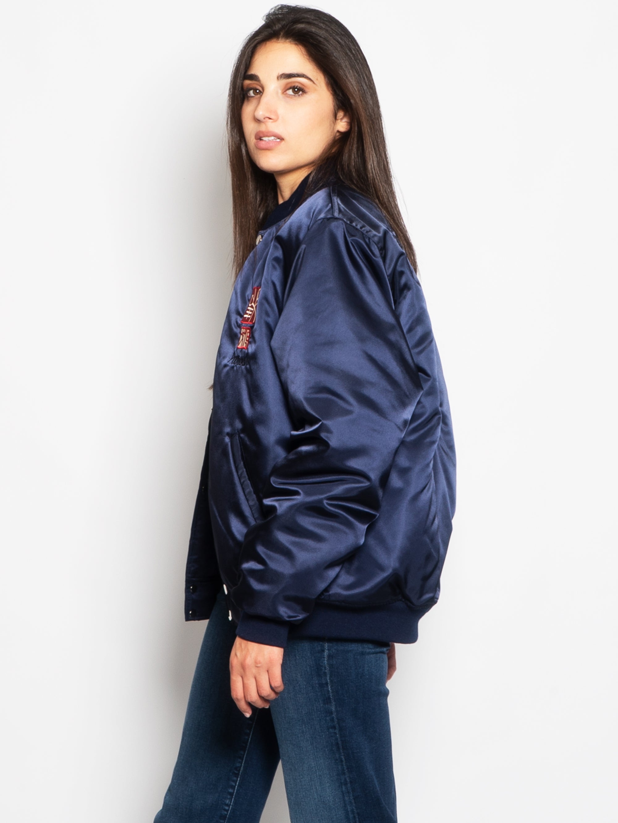Tiger Embroidered Bomber Jacket in Blue Acetate