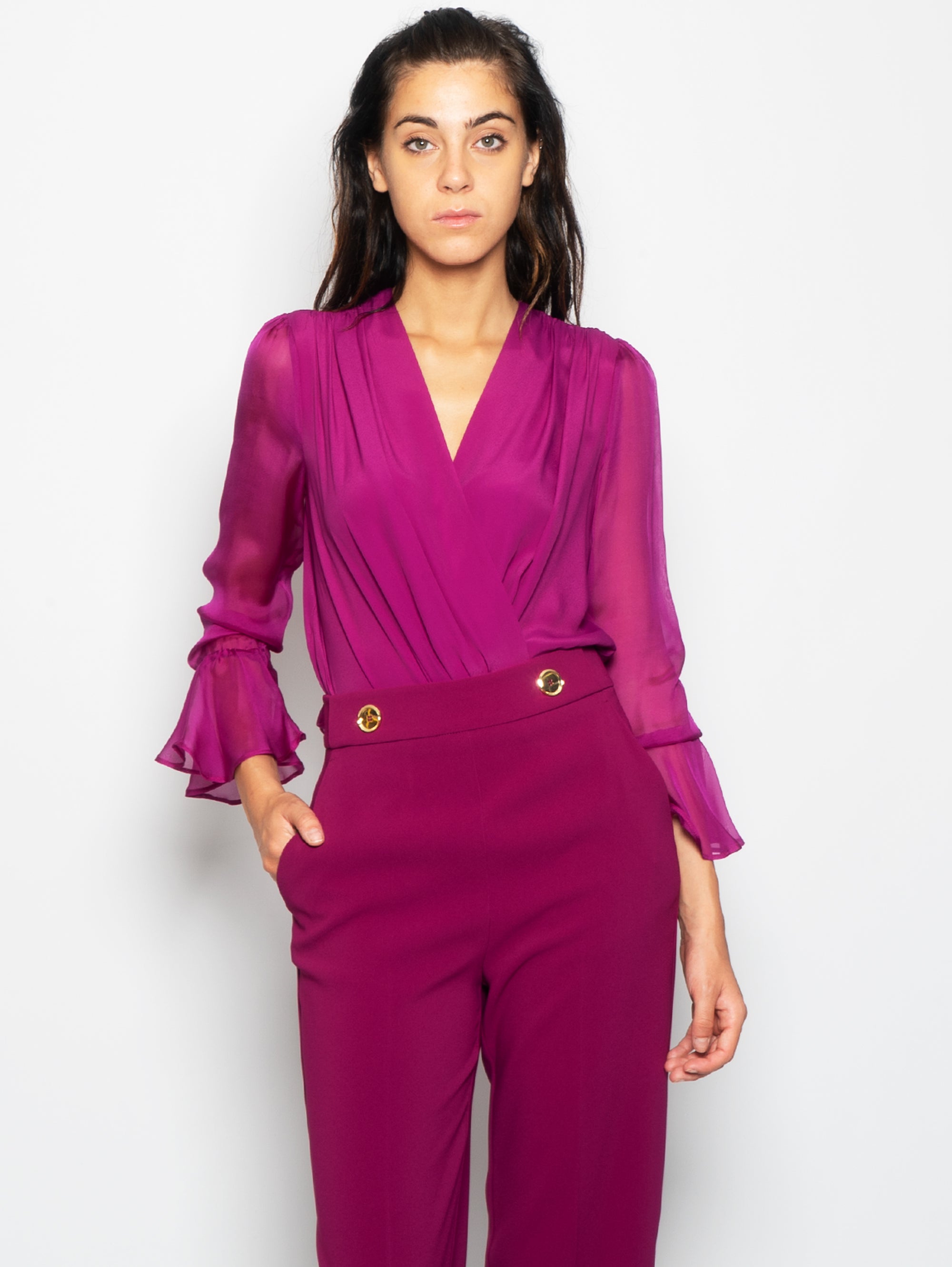 Draped Bodysuit in Purple Chiffon