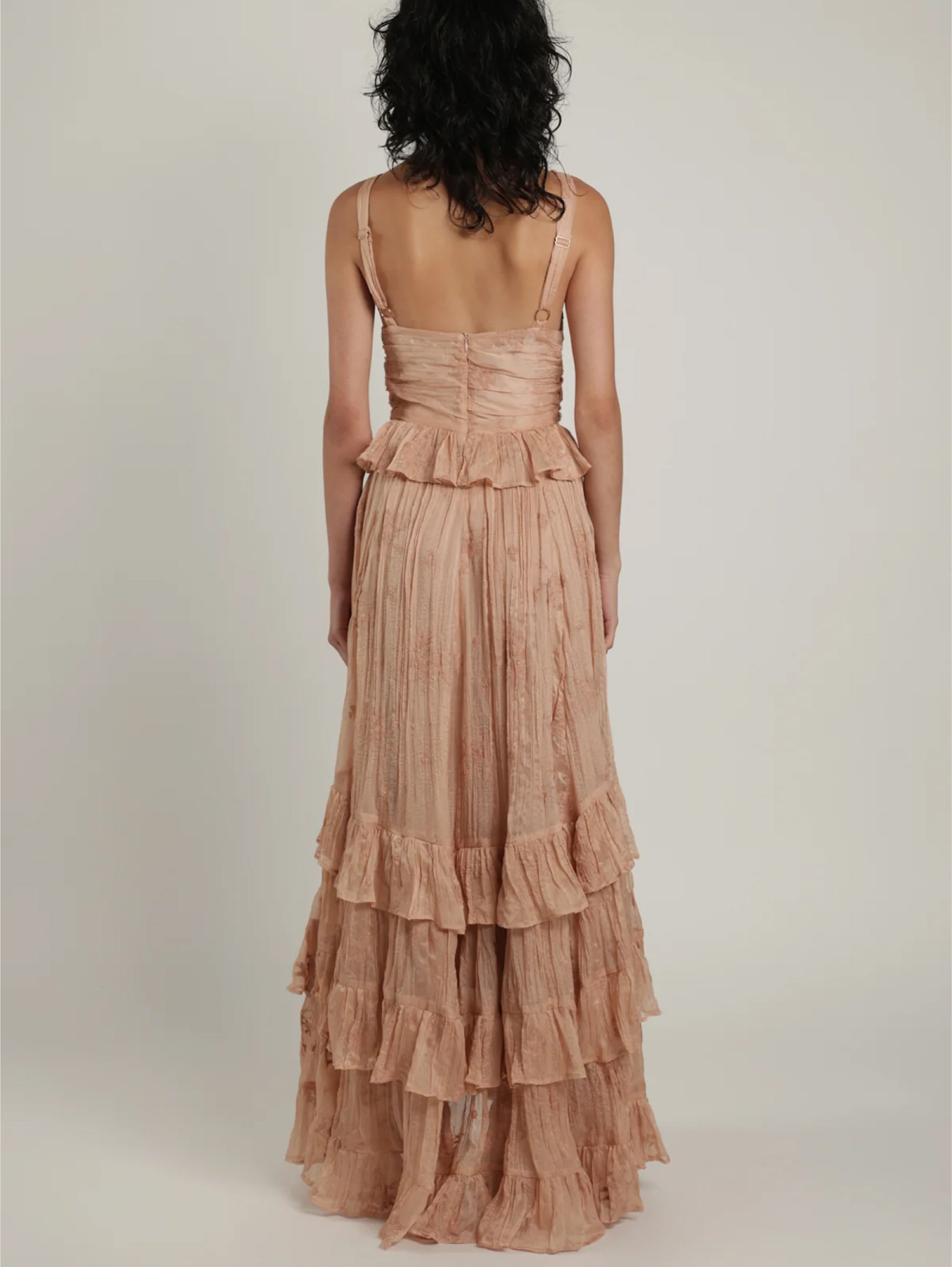 Long dress in embossed fabric with powder pink embroidery