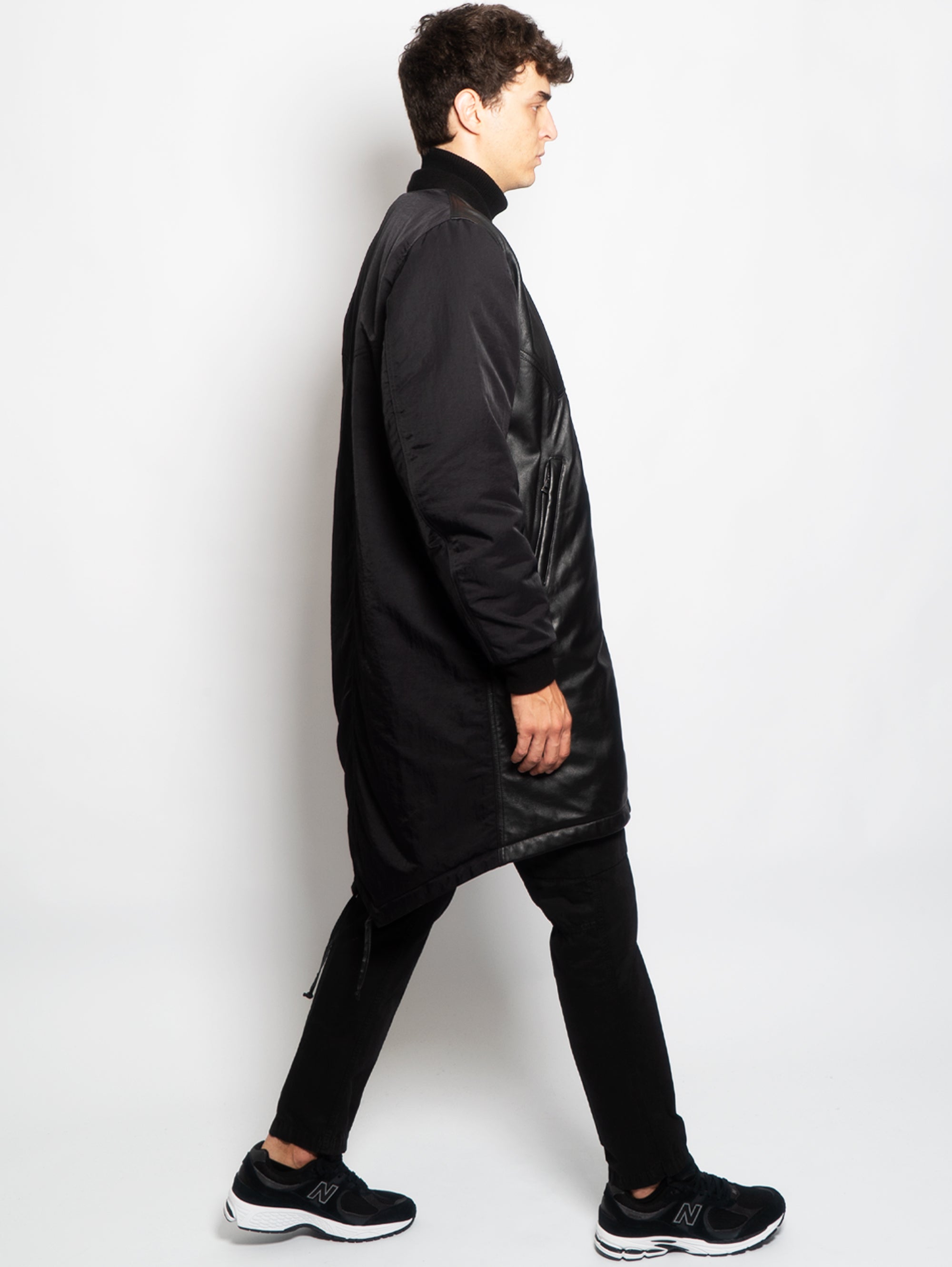 Parka in Black Padded Leather and Nylon
