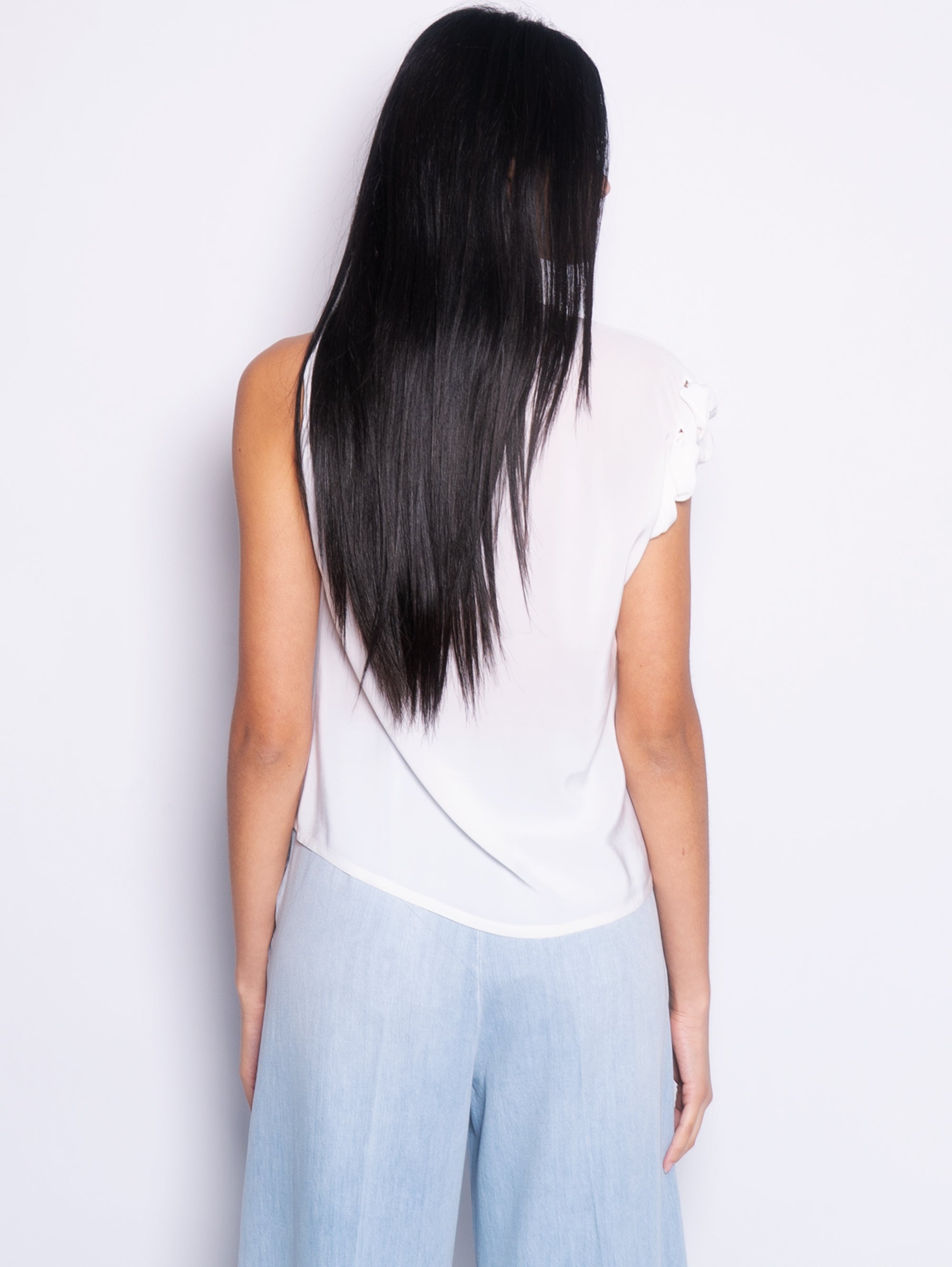 White Crew Neck Blouse with Work on the Sleeve