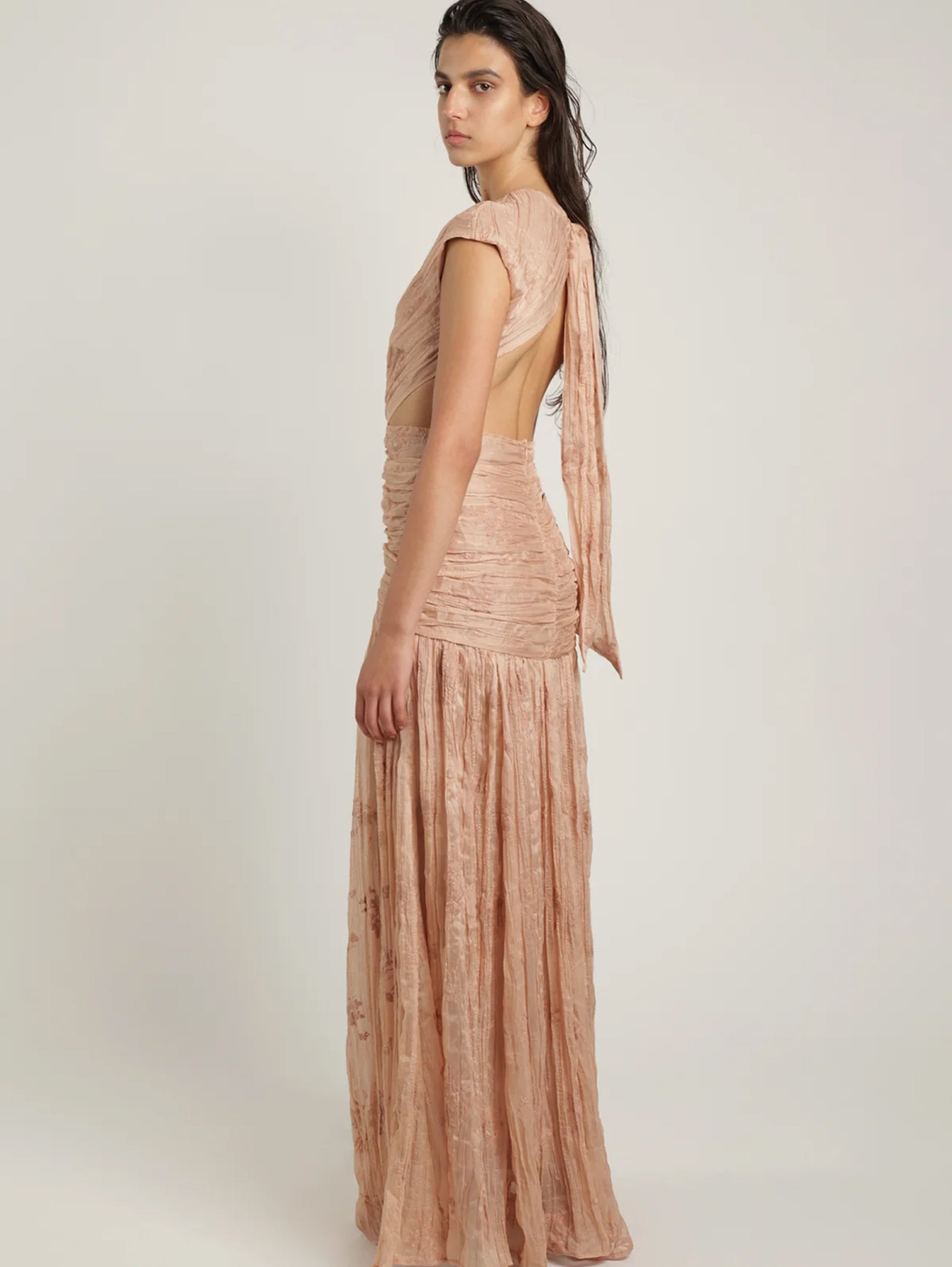Dress with Open Back in Embossed Fabric with Powder Pink Embroidery