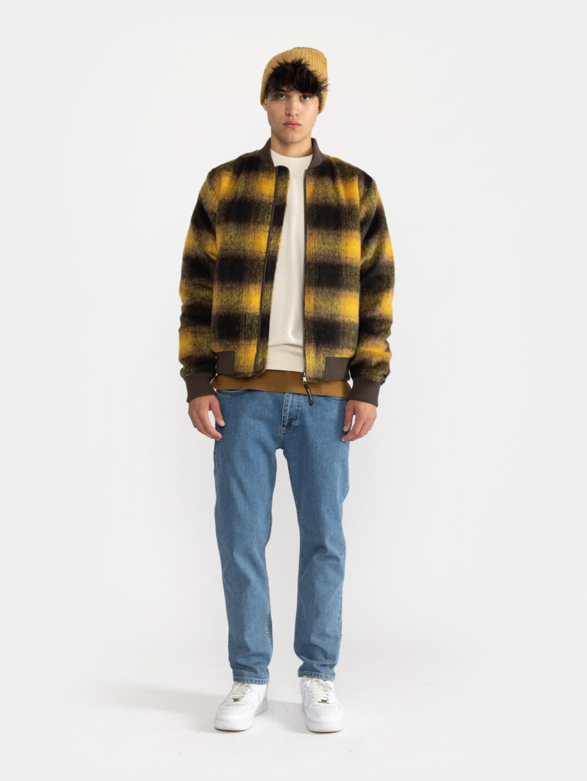 Dark Yellow Checked Fleece Bomber Jacket