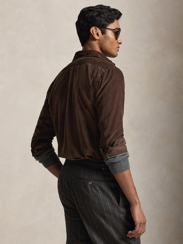 Camicia in Velluto a Coste Custom Fit Marrone