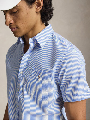 Camicia Maniche Corte Seersucker a Righe Celeste