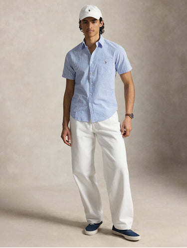 Camicia Maniche Corte Seersucker a Righe Celeste