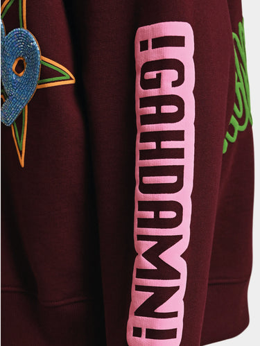 Felpa Girocollo in Cotone con Stampe Bordeaux