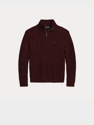 Maglia in Cashmere Lavorata a Trecce con Mezza Zip Vino
