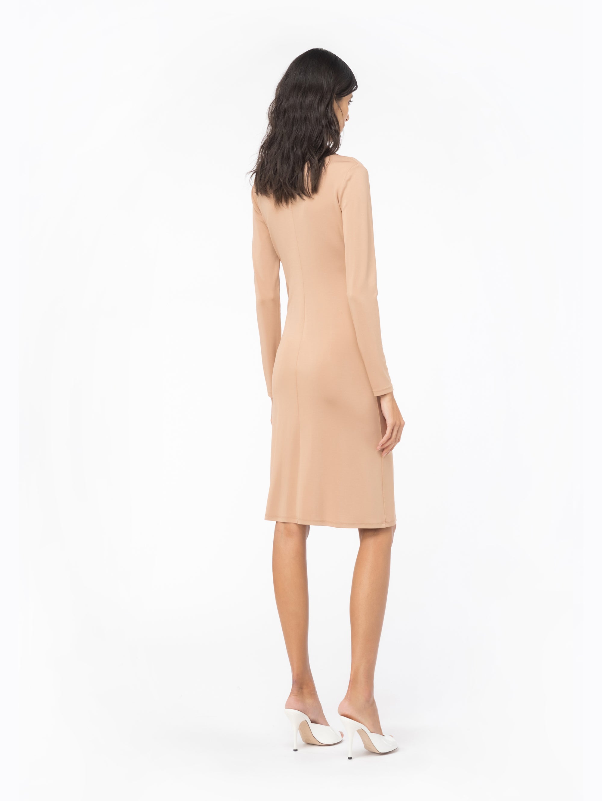 Fitted Midi Dress with Beige Draping