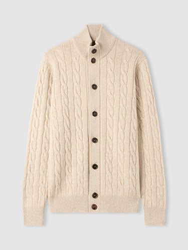 Cardigan con Lavorazione a Treccia in Cashmere Paglia