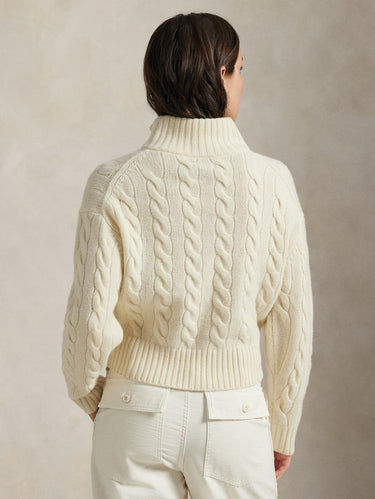 Pullover mit Zopfmuster aus Wolle mit halbem Reißverschluss in Creme