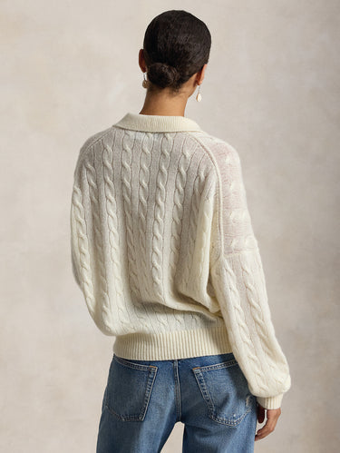 Maglia in Lana a Trecce con collo Polo Crema